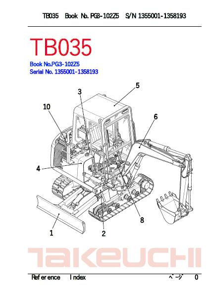 Takeuchi TB035 Compact Excavator Parts Catalogue Manual (SN: 135001-1358193)
