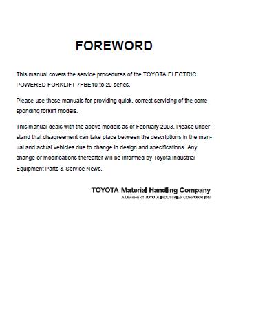 Toyota 7FBEU15 Forklift Service Repair Manual