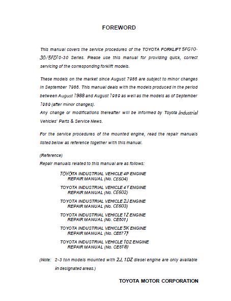 Toyota 5fd25 Forklift Service Repair Manual